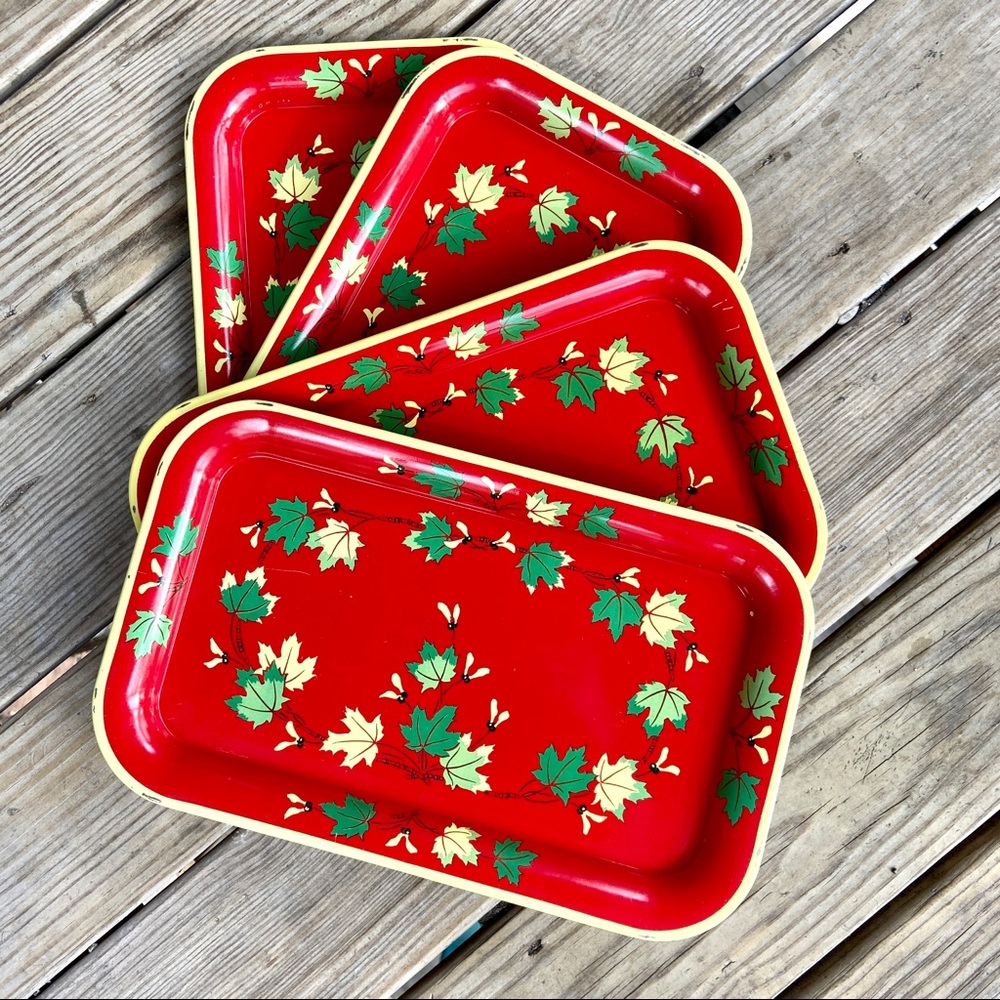 Vintage Metal Serving Lap Tray Leaves in Red x 4